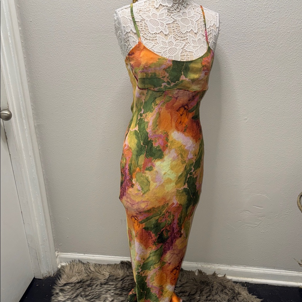 Watercolor-Print Maxi Slip Dress in Orange, Green & Pink